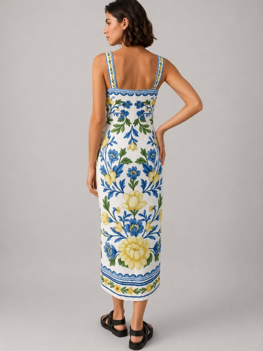 Women's White Blue Yellow Floral Midi Sundress Sleeveless Vacation Resort Dress - Picture 2 of 11